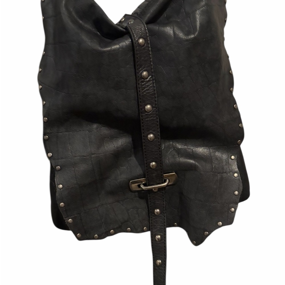 ABS Allen Schwartz Black Crocodile-Embossed Leather Studded Crossbody Bag - Picture 2 of 4